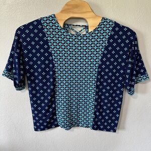 Chicos Blue Geometric Print Top Keyhole Back Short Sleeve Blouse Womens 2/Large